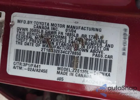 2004 Toyota Corolla Le z USA, uszkodzony, nr VIN 2T1BR32E34C278850